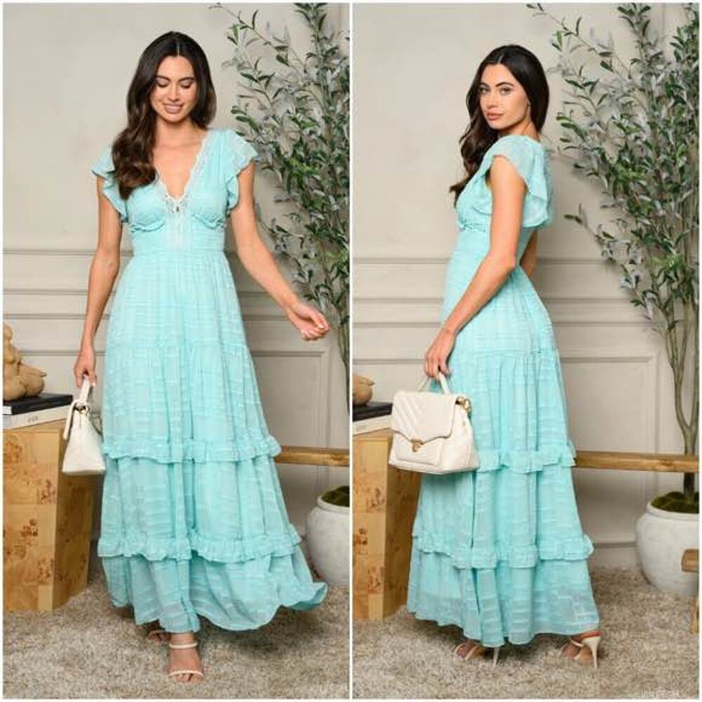 Chicways Women’s Small Teal Ruffled Layered Lace Maxi Dress
